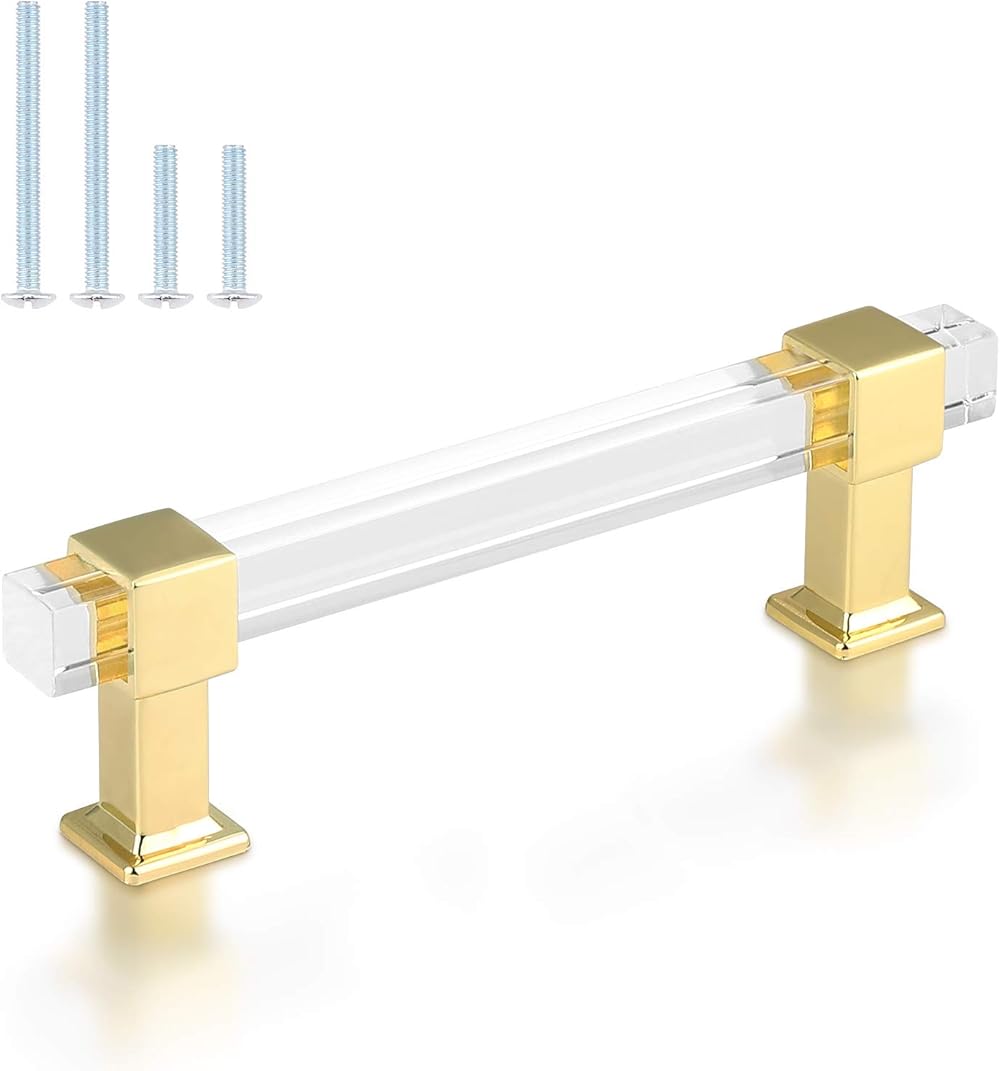 knobelite 30 Pack 4 Inch Hole Center Kitchen Cabinet Handles, Gold Drawer Pulls with Square Acrylic Tube and Zinc Alloy Base, Cabinet Pulls for Bedroom and Bathroom Cabinets