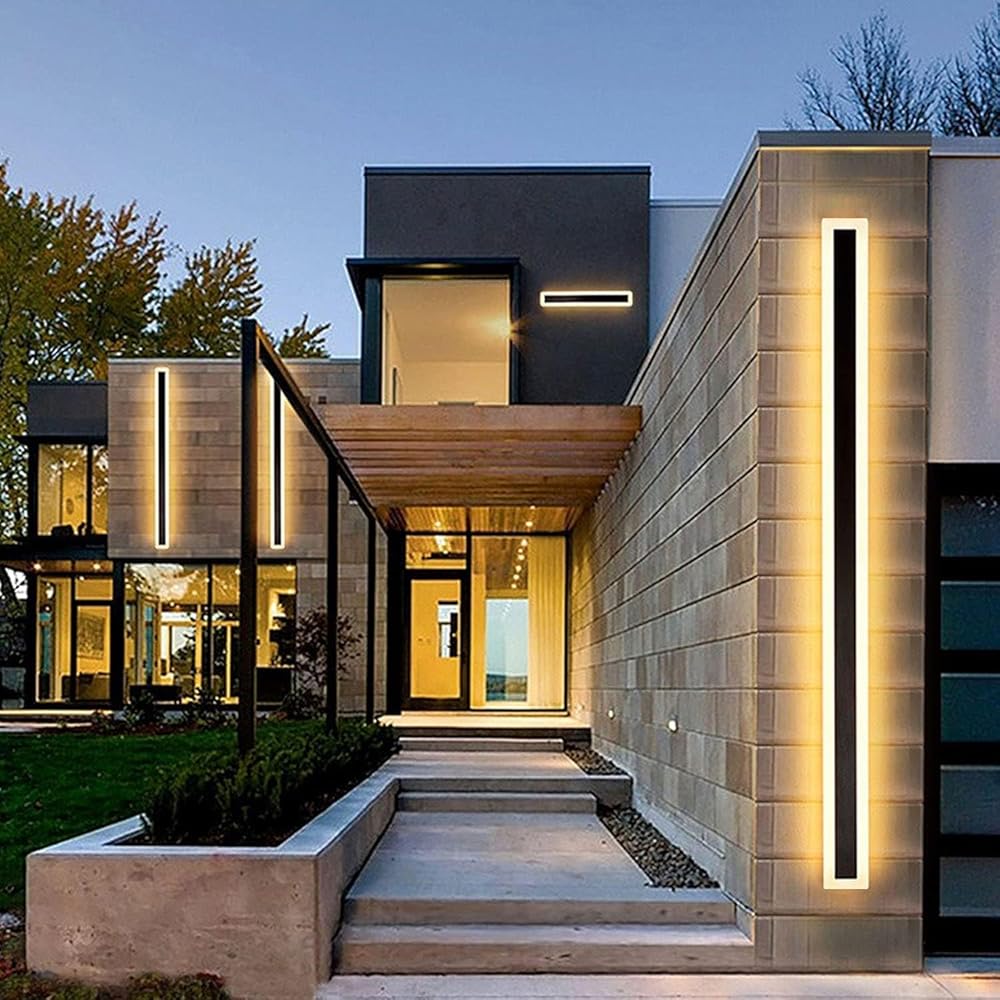 2Pack-31.5inch Long Outdoor Modern LED Wall Light,24W Waterproof IP65 Warm White 110V led Wall Mount Lighting Fixture Rectangular Black Wall Lights Elegant Frosted White Acrylic Anti Rust