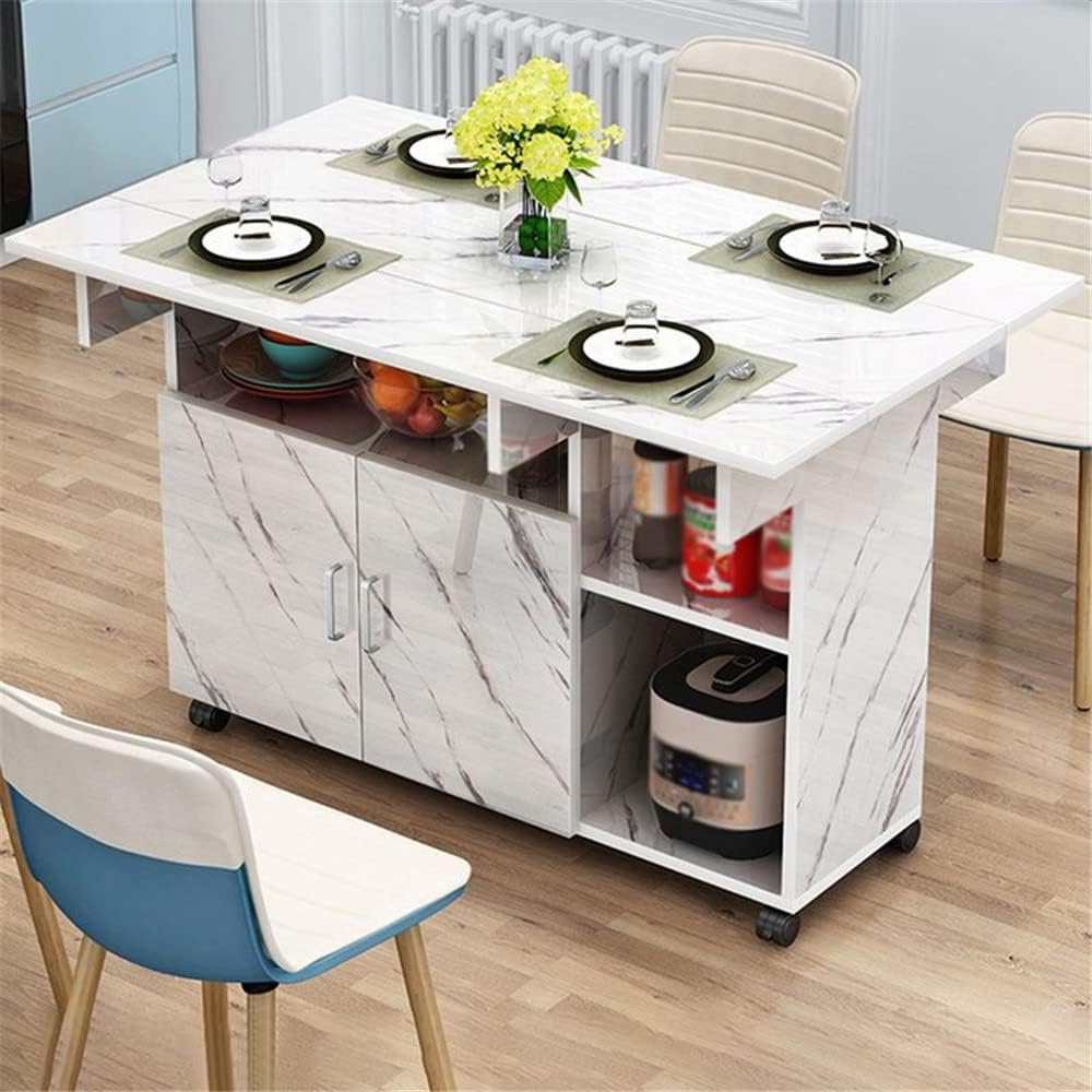 NIUYAO Folding Dining Table, Versatile Rectangular Drop Leaf Table with 4 Wheels 5 Storage Racks Space Saving for Dining Room Kitchen Leisure Coffee Table -White 47.2