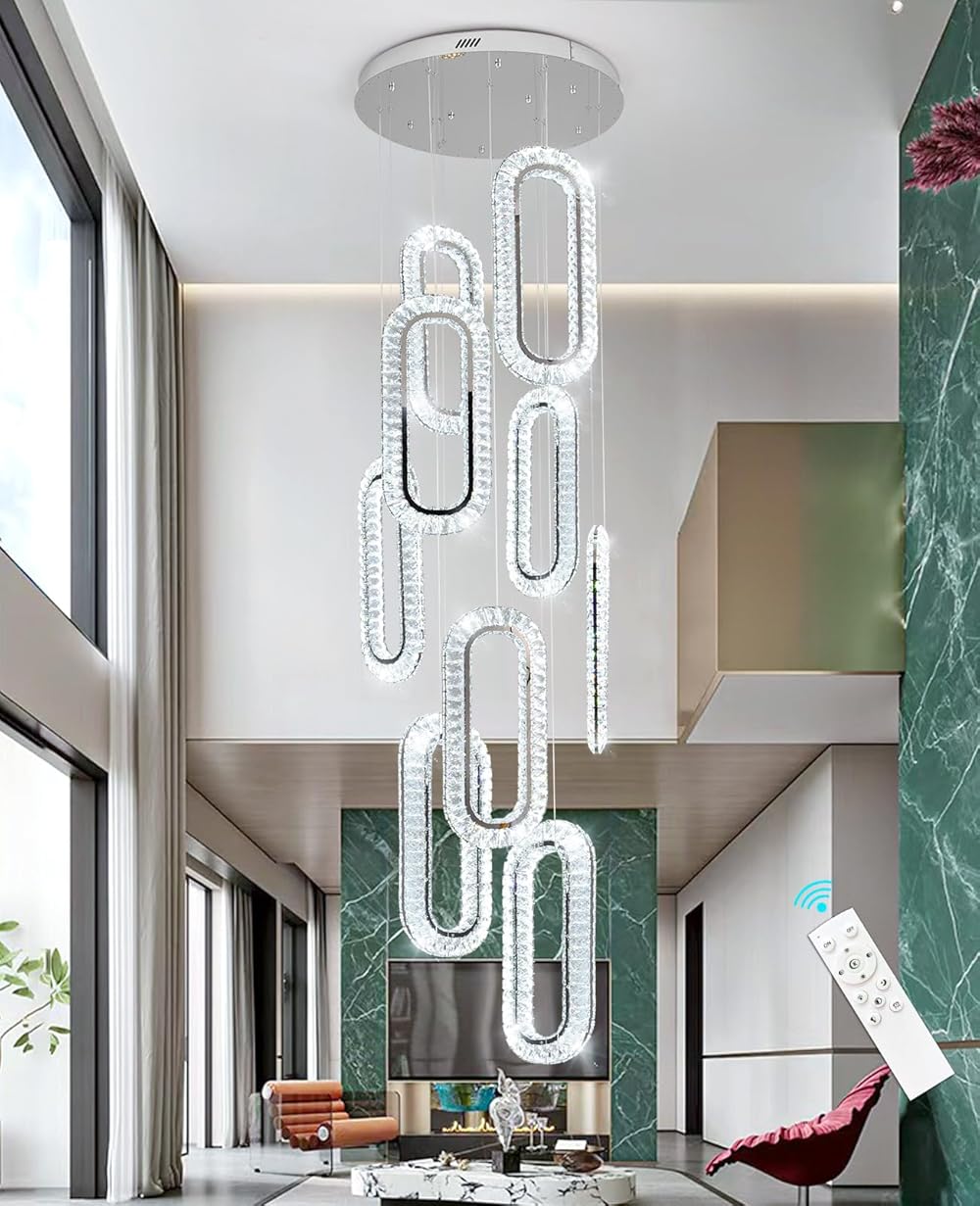 9-Rings Modern Chandelier Deluxe Large Crystal Lights Contemporary Light for Entrance Staircase Chandeliers with Remote Dimmable Flush Mount High Ceiling Pendnat Lighting for Villa Foyer