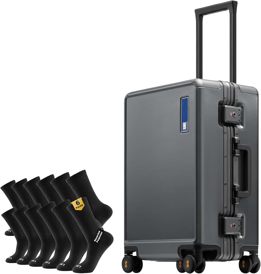 Zipperless Checked Luggage with Aluminum Frame with Mens Work Crew Socks