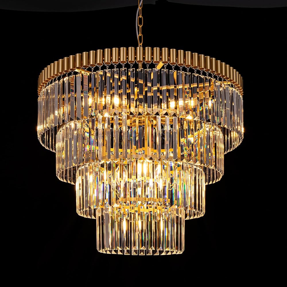 TOCHIC Chandelier 29.5 Inch, Gold Crystal Chandelier Dining Living Room Light Fixture, Modern Farmhouse Large Raindrop K9 Crystal Chandeliers for Kitchen Bedroom Staircase Entryway Foyer, 4-Tier