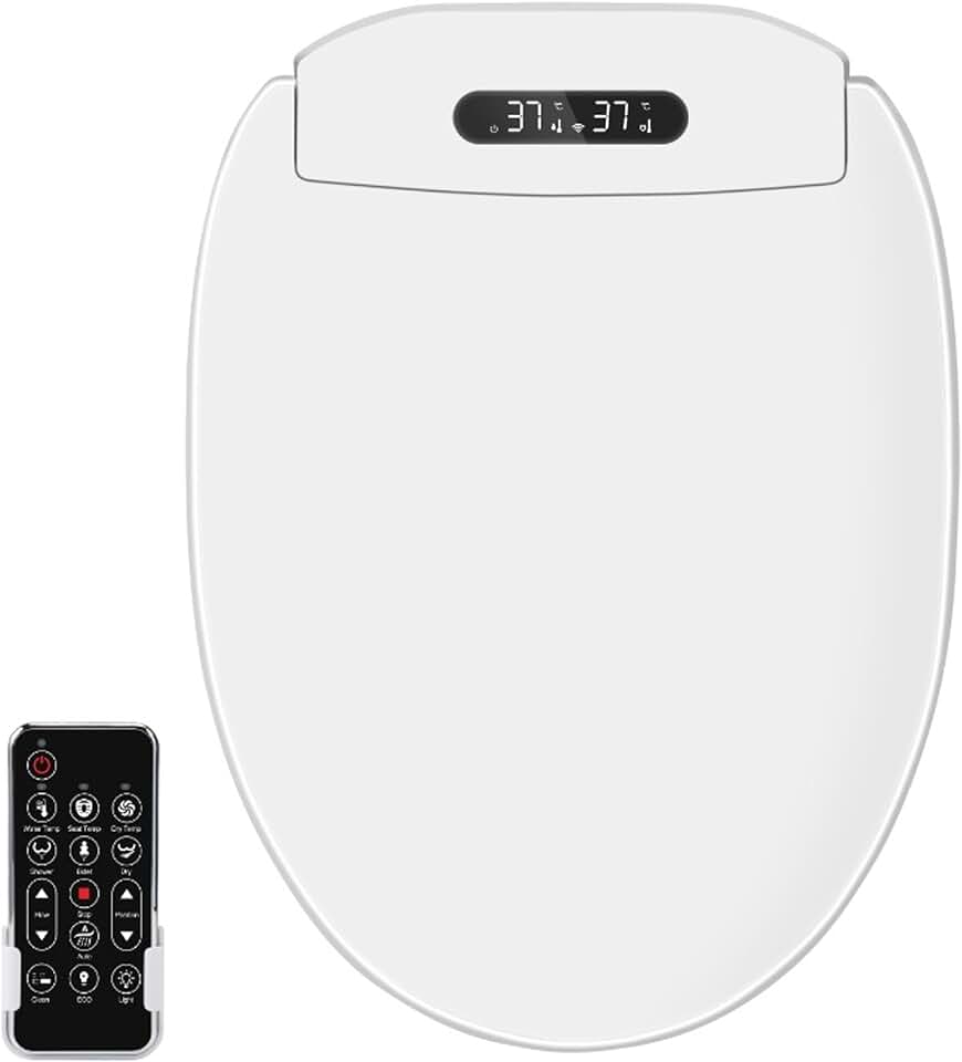 Premium Elongated Heated Bidet Toilet Seat with Night Light, Adjustable Comfort Plus Heated Seat, Warm Water Spray And Heated Drying