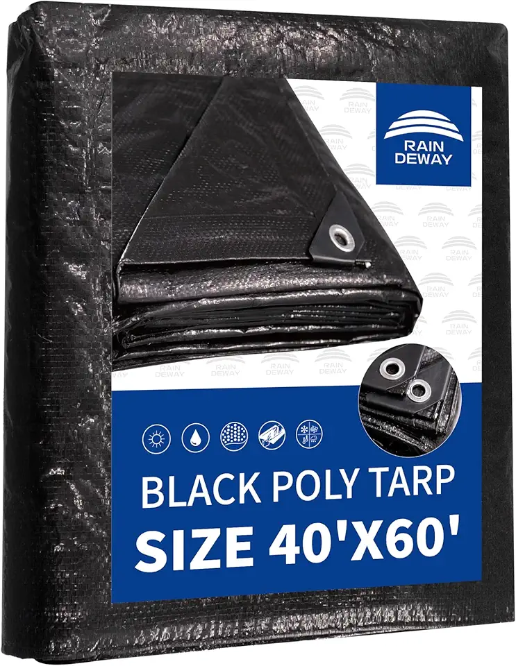RAINDEWAY Extra Large Tarp 40x60, 8 Mil Thick, Black Tarps Heavy Duty Waterproof, UV Resistant, Cover with Metal Grommets and Reinforced Edges, Finished Size