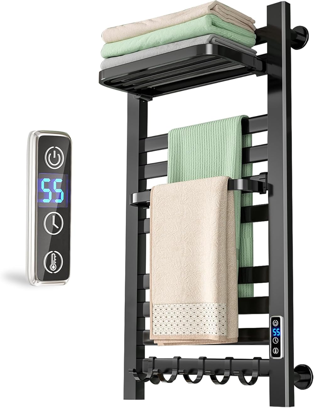 Electric Towel Warmer, Wall Mounted Heated Towel Racks for Bathroom, Plug-in/Hardwired Towel Heater, 10 Bars Electric Towel Rack with Timer and LED Indicator Aluminum Matte Black