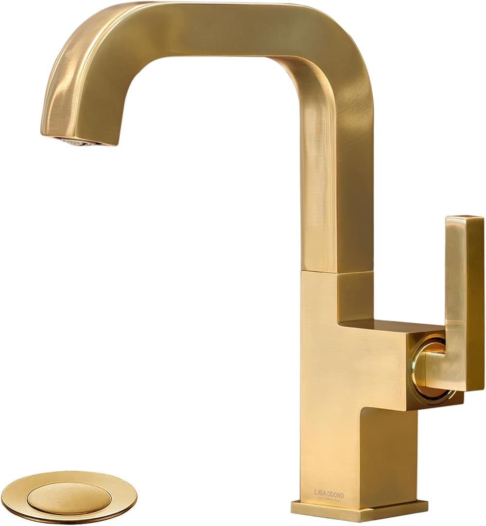 Brushed Gold Bathroom Faucet with 360° Swivel Spout, Lava Odoro Brushed Bronze Bathroom Sink Faucet Single Handle 1 or 3 Hole Vanity Brass Faucet Drain Assembly, Deck Plate Included, BF204-BB