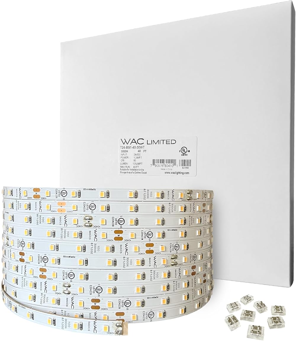 T24-BS1-40-35WT, Basics 24VDC LED Tape Light 3500K 1.2W per Foot 40ft Reel Field Cuttable Every 2in Fully Dimmable Contractor Quality for Kitchens, Undercabinet, Task, and Cove Lighting