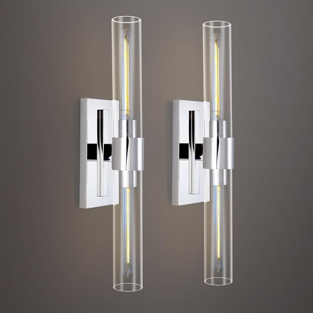 Bathroom Vanity Light Fixtures, Glass Tube Wall Sconces Set of 2, Nickel coloured base, Bathroom Wall Lights, Bedroom Bedside Wall Light, Wall Lamp For Dressing Table, Living Room, And Hallway