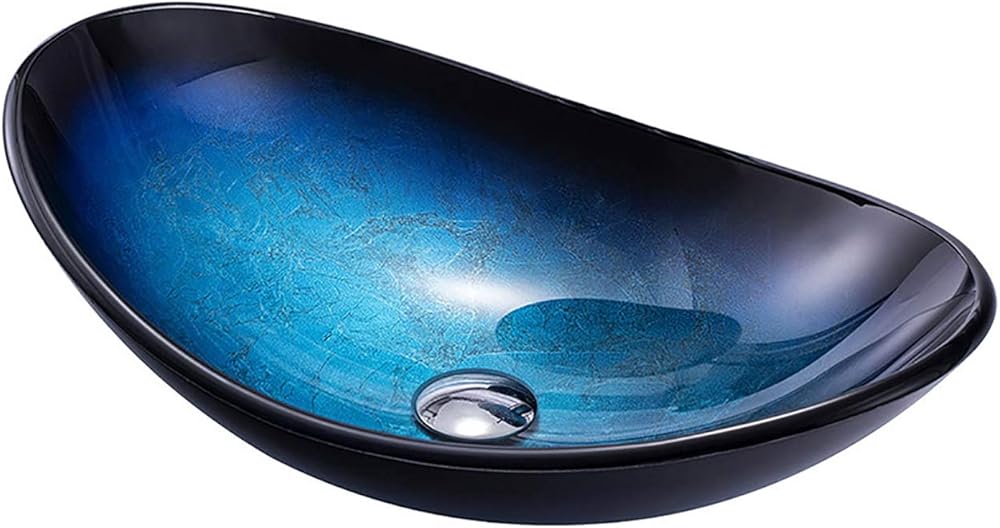 Bathroom Vessel Sink Tempered Glass Vessel Sink Artistic Vessel Sink Oval Bowl Vanity Counter Top Installation Bathroom Vanity Sinks with Chrome Pop up Drain,Blue