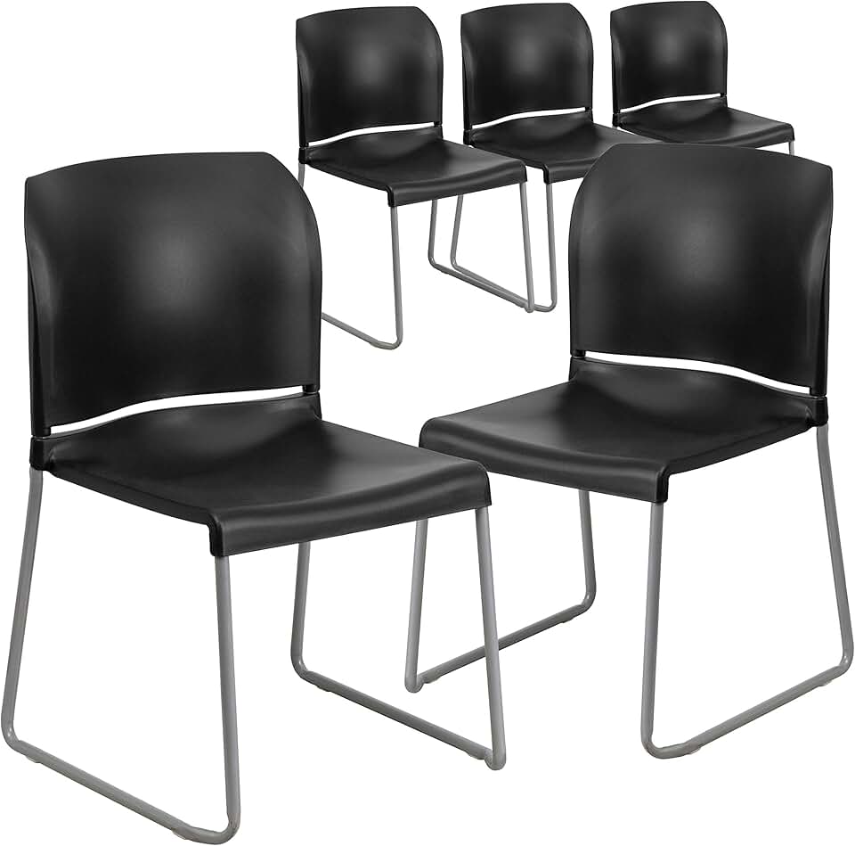 Flash Furniture Hercules Series Contoured Stacking Chairs for Waiting Rooms and Offices, Ergonomic Lobby Chairs with Curved Back, Set of 5, Black