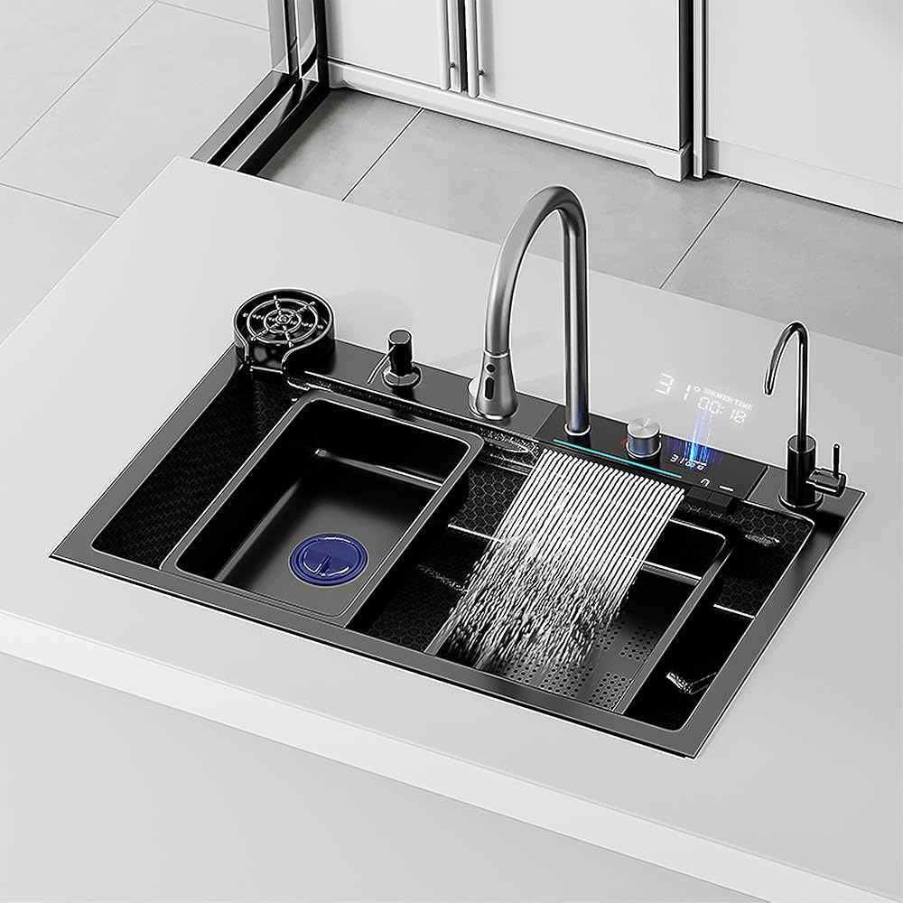 Premium 26.5 * 17.7 in Black Kitchen Sink - Drop In Workstation, 304 Stainless Steel Waterfall Sink, Nano Coating, Experience the Perfect blend of Aesthetics, Durability, Versatility