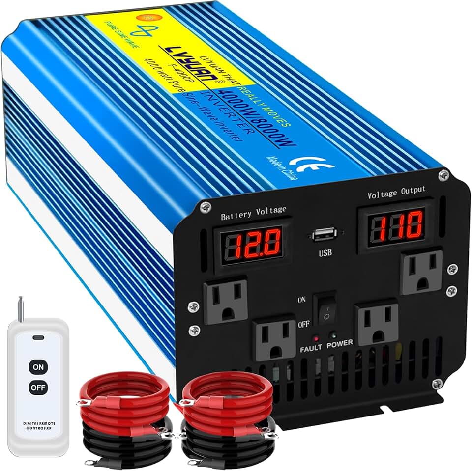 Yinleader 4000W Pure Sine Wave Power Inverter 12V DC to AC 110V-120V Converter for Family Vehicle RV Truck Solar System/Road Trip/Camp/Emergency w/4 AC Charger Outlets LED Display Remote Controller