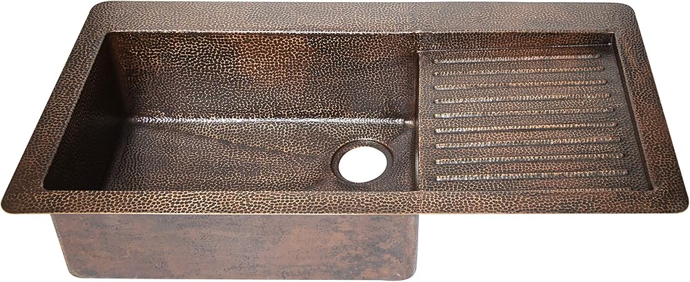 Copper Kitchen Sink, Drop-in Single Well Hammered Copper, Sanded Dark Finish and Wringer on Right Side, 40