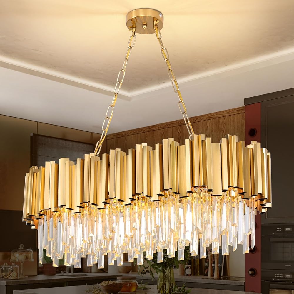 Modern Crystal Chandelier Lighting 8 Lights Pendant Lights Fixture Island Chandeliers Ceiling Rectangle Chandelier for Dining Room Living Room Contemporary Kitchen