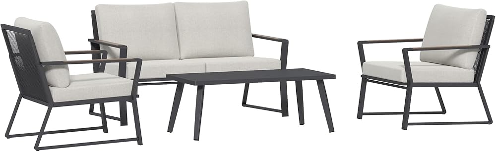 4 Piece Patio Furniture Set, Aluminum Conversation Set, Outdoor Garden Sofa Set with Armchairs, Loveseat, Center Coffee Table and Cushions, Cream White