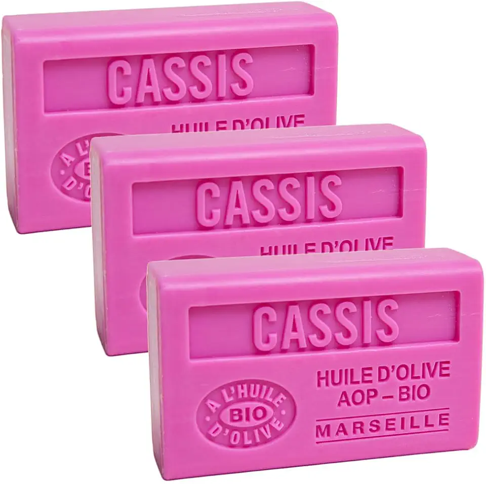 Savon de Marseille - French Soap Made With Pure Organic Olive Oil and Shea Butter - Blackcurrant Fragrance - 125 Gram Bars - Set of 3