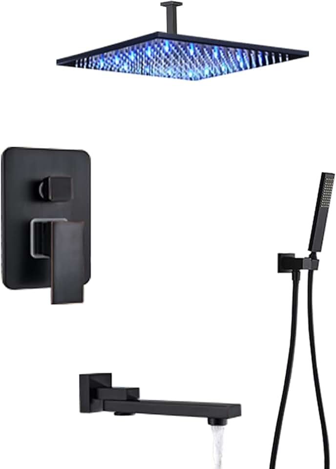 Shower Set Shower System Concealed Shower Faucet Set Wall Mounted Shower Mixer Taps Set with Hand Shower and LED Rainfall Shower Head Advanced Air Injection Technology Black Bronze Finish,8