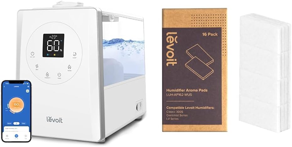 LEVOIT LV600S Smart Warm and Cool Mist Humidifiers for Home Bedroom Large Room & Aroma Pads 16 Pack, Humidifier Replacement Filters, Compatible with LV600S, Classic300S