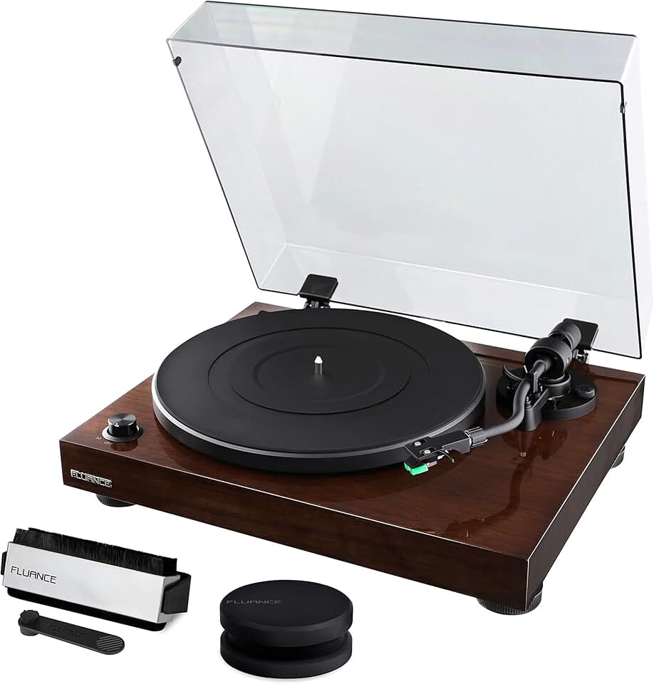 Fluance RT81 Elite High Fidelity Vinyl Turntable Record Player Featuring Audio Technica AT95E, Belt Drive, Built-in Preamp with Record Weight and 3 in 1 Stylus and Record Cleaning Vinyl Accessory Kit