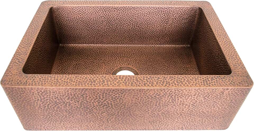 SINDA 14 Gauge Handmade Farmhouse Pure Virgin Copper Apron-Front Kitchen Single Bowl, Light Hammered-Antique Copper, KSALC282110