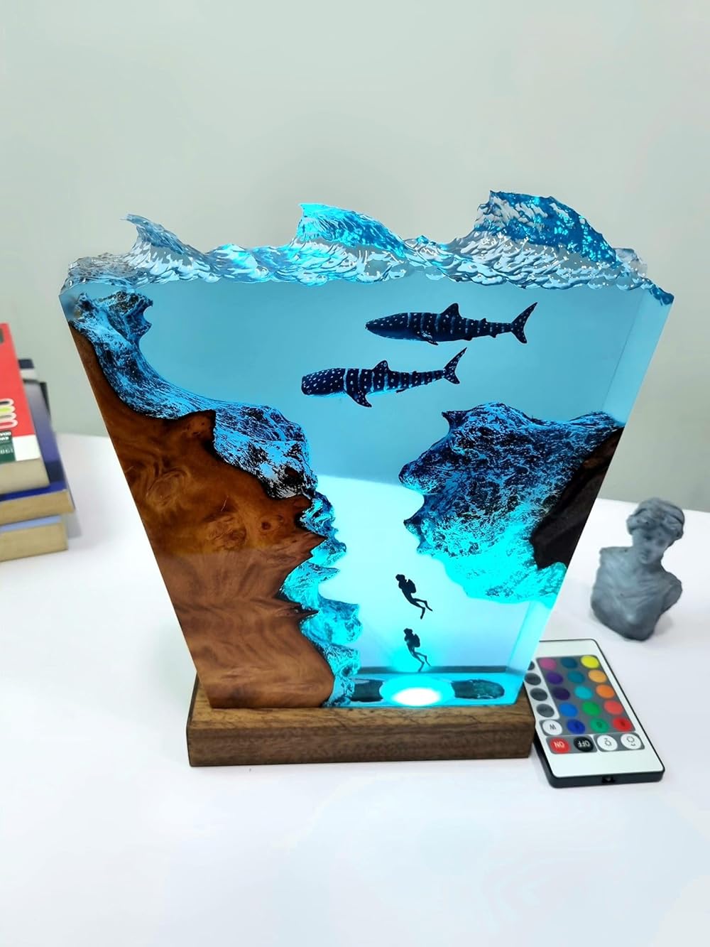 Cave Whale Shark Diver Resin Ornament Wood Lamp, Decorations Marine Art Night Light Desk Lamp, Ocean Theme Diorama, Whale Lamp Decoration, Ocean Lamp, Diver Lamp (9x8 inch)