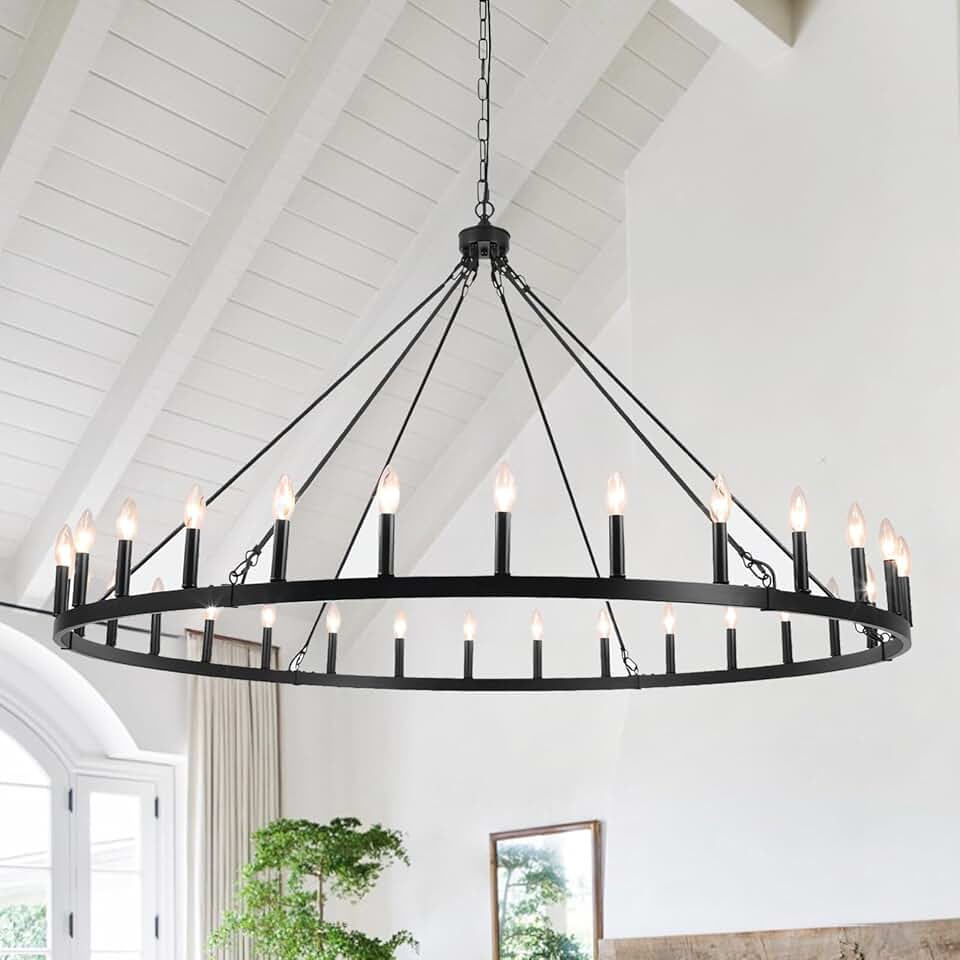 Black Extra Large Farmhouse Chandelier- 60 inches 30 Lights Wagon Wheel Chandelier, Industrial Vintage Dining Room Light Fixture High Ceiling Pendant Light for Living Room Entryway