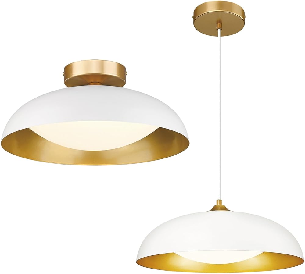 kudos LED Light Fixtures, 16-inch White and Gold Finish LED Ceiling Light Fixture and 15-inch Modern White and Gold Pendant Lights, KDCL02-WT, KDPL02-WT