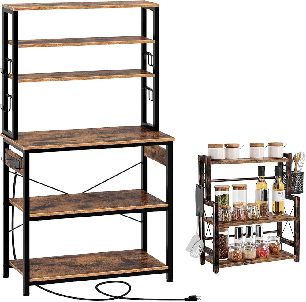 Baker's Rack with 4AC Power Outlet, Microwave Oven Stand with 10 Hooks, 6-Tier Kitchen Utility Storage Shelf and Spice Rack Organizer with Wire Basket