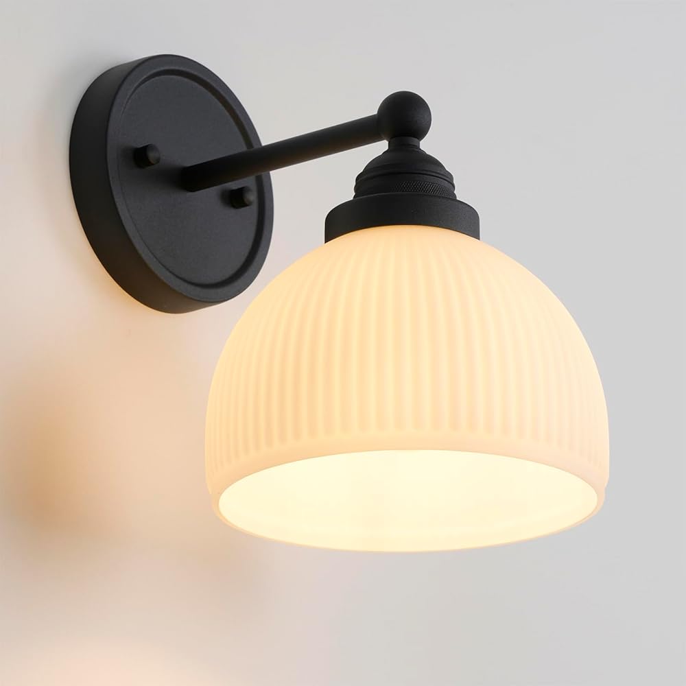 Vintage Wall Sconce 1-Light with White Striped Glass Globe Shade, Indoor Rustic Wall Mounted Lamp Fixture for Living Room Bedroom Kitchen Hallway