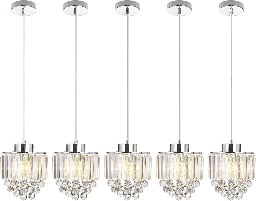 COTULIN Set of 5 Polished Decorative Crystal Chandelier Pendant Light,Pendant Lighting Fixture Cord Adjustable for Kitchen Island Living Room Dining Room Bar