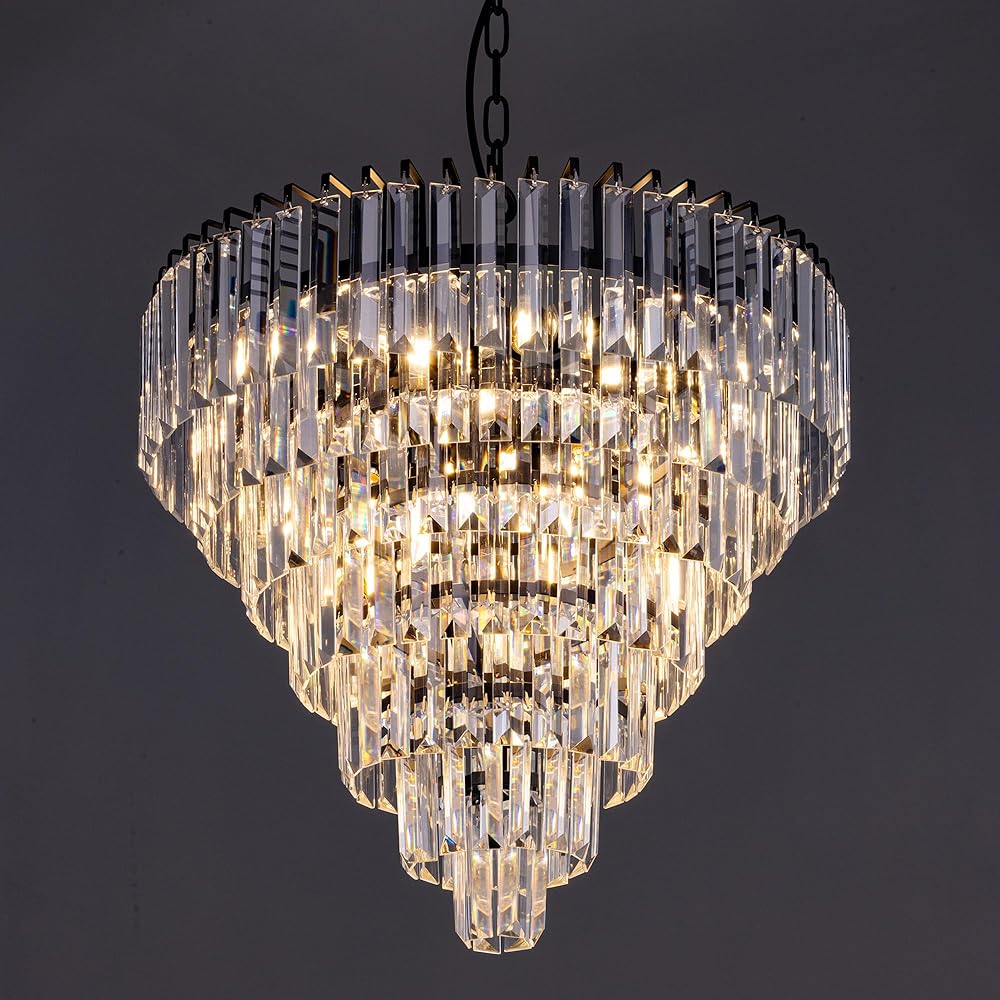 TOCHIC Crystal Chandelier Black Modern Chandelier for Dining Room Living Room 9-light Round Chandelier for Bedroom 7-Tier Luxury Raindrop Pendant Light Fixture for Kitchen, Foyer, Entryway 20