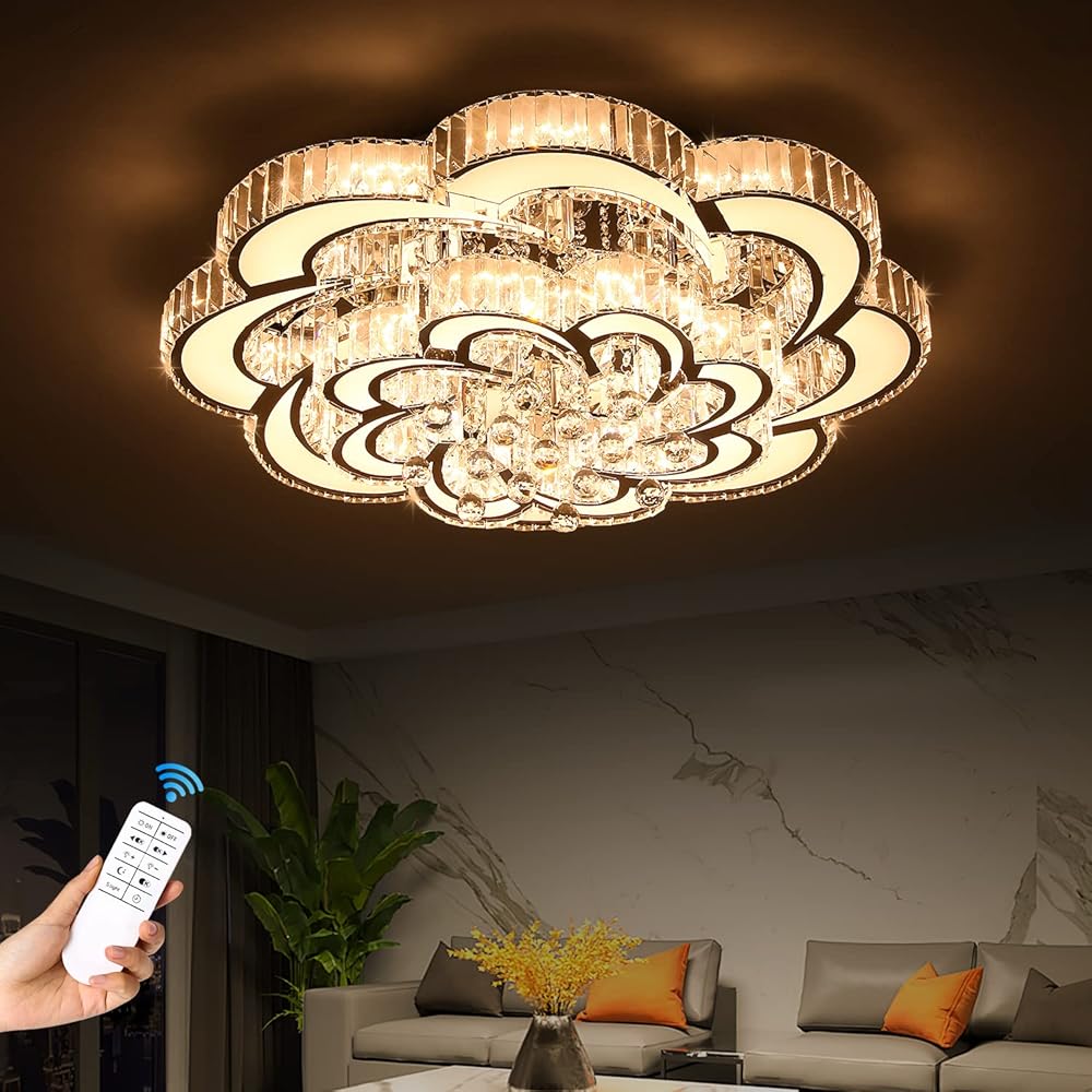 Dia 32'' Modern K9 Crystal Chandelier Flush Mount Ceiling Light Fixture Dimmable LED Pendant Lamp for Living Room Dinning Room Bedroom