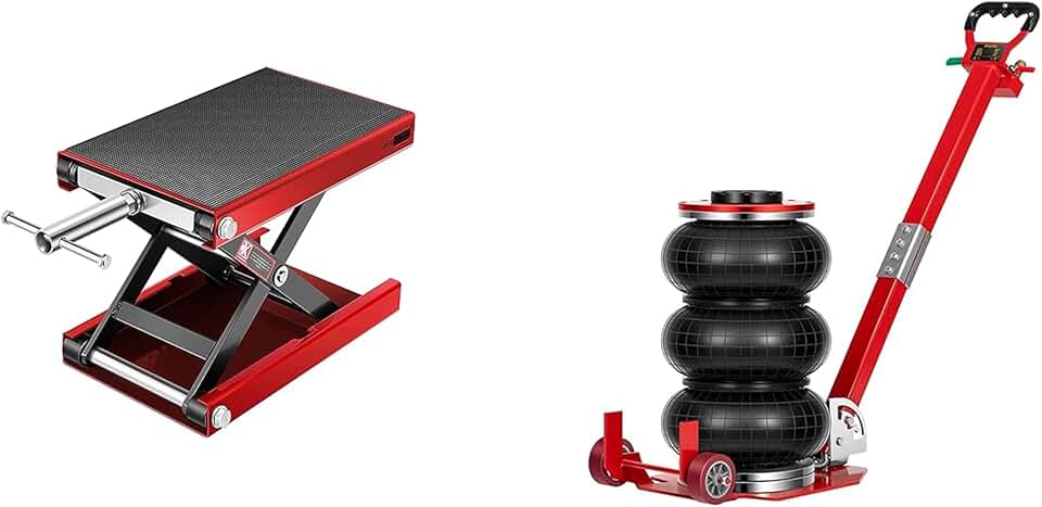 VIVOHOME Steel Motorcycle ATV Wide Deck Scissor Lift Jack Crank Hoist Stand 1100 lbs with SPECSTAR 3 Ton Air Bag Jack with Wheels, 6600lbs Pneumatic Car Jack Red