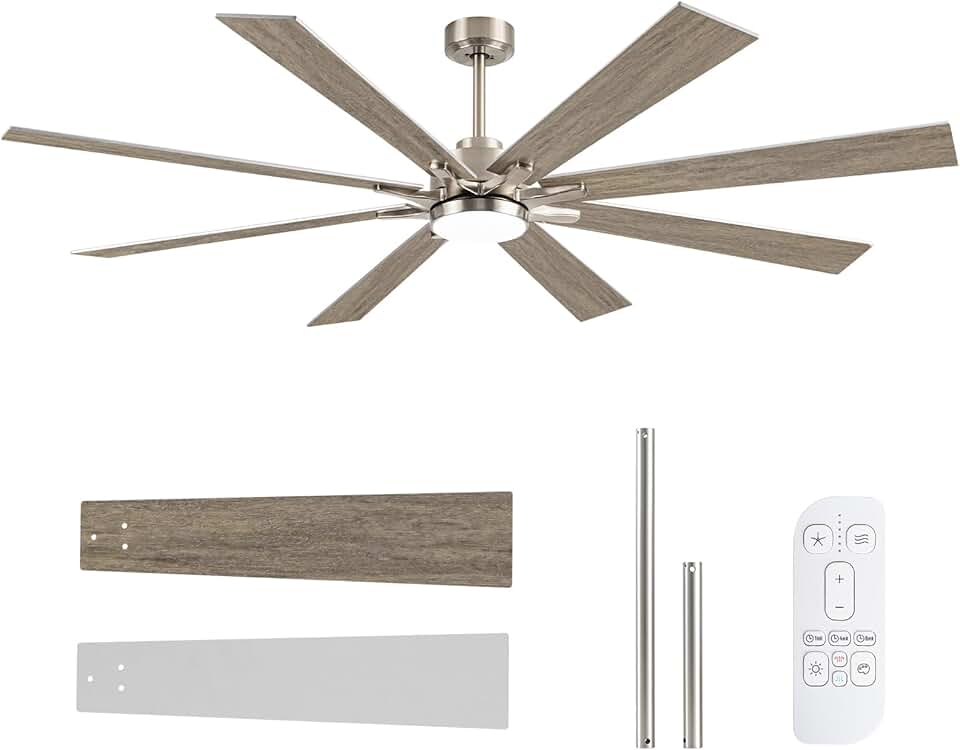 72 Inch Outdoor Ceiling Fan for Patio with Lights, Large Silver Industrial DC Motor Ceiling Fan with Light, Damp Rated Indoor or Covered Outdoor Ceiling Fans for Living Room Sunroom Porch Patio