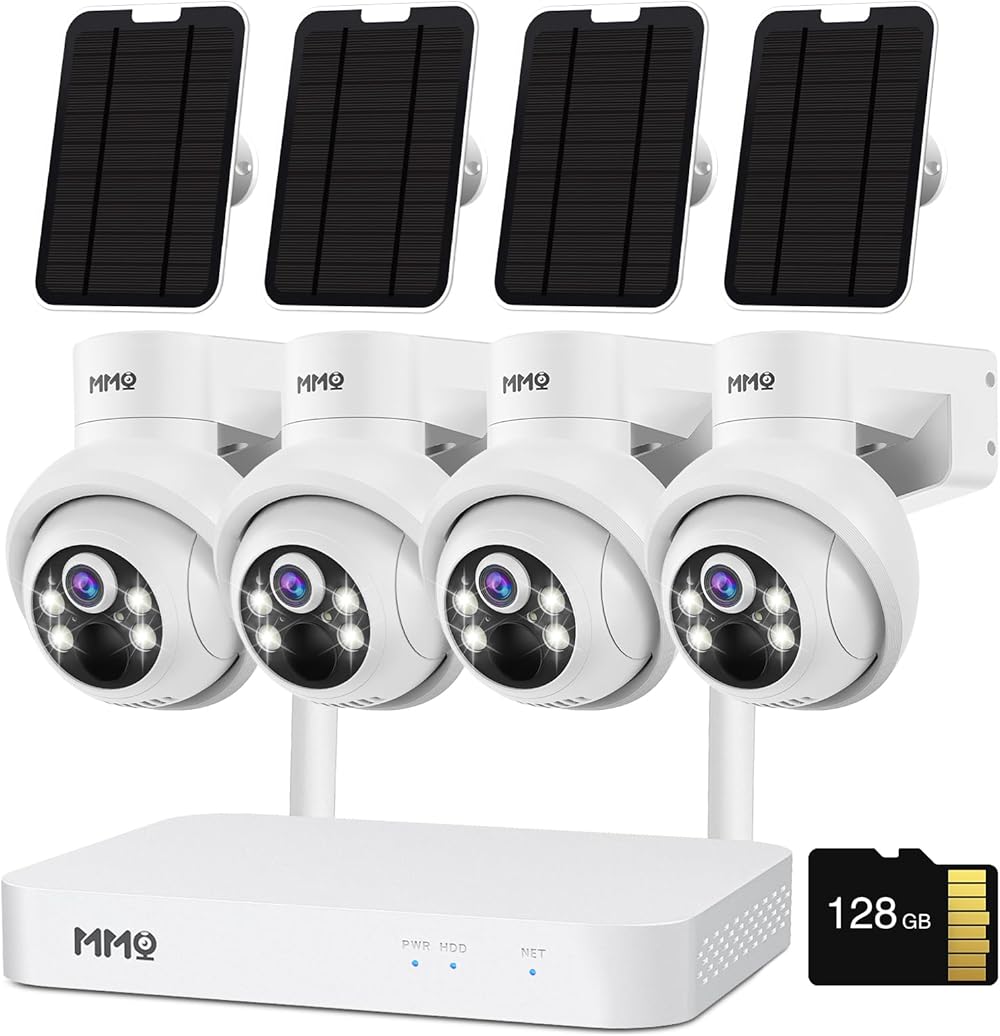 【2.5K】 MMQ Wireless Solar Security Camera System, 10CH 4MP HD Solar Cameras, PTZ Camera Outdoor WiFi, Home Surveillance Camera Worked with Alexa, PIR Detection, Two Way Talk,128GB