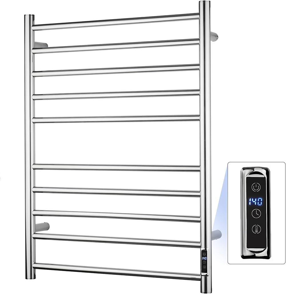 Towel Warmer with Built-in Timer ETW25A for Bathroom Wall Mounted Bath Towel Heater Plug-in Electric Heated Towel Rack Polished
