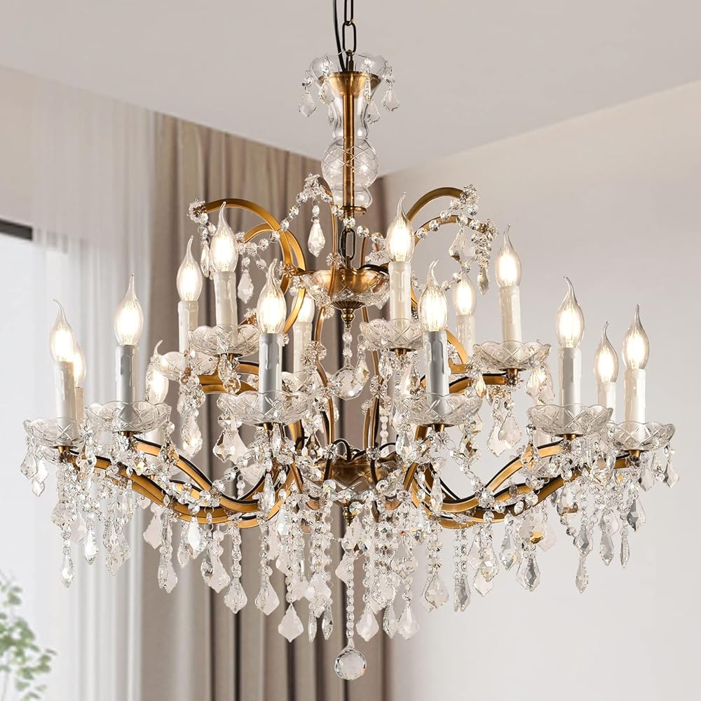Farmhouse Crystal Chandeliers, Modern Clear Glass Hanging Light Fixtures, Brass White Candle Tubes Pendant Lighting for Kitchen Island Living Room Dining Room Bedroom (18-Lights)
