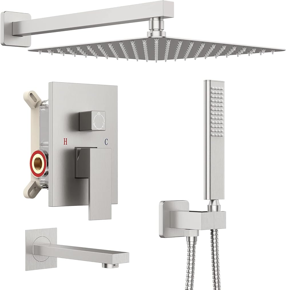 Iriber Shower System with Waterfall Tub Spout 3-Function Shower Faucet Set Shower Trim Kit with 12 Inch Rain Shower Head and Handheld, Brushed Nickel