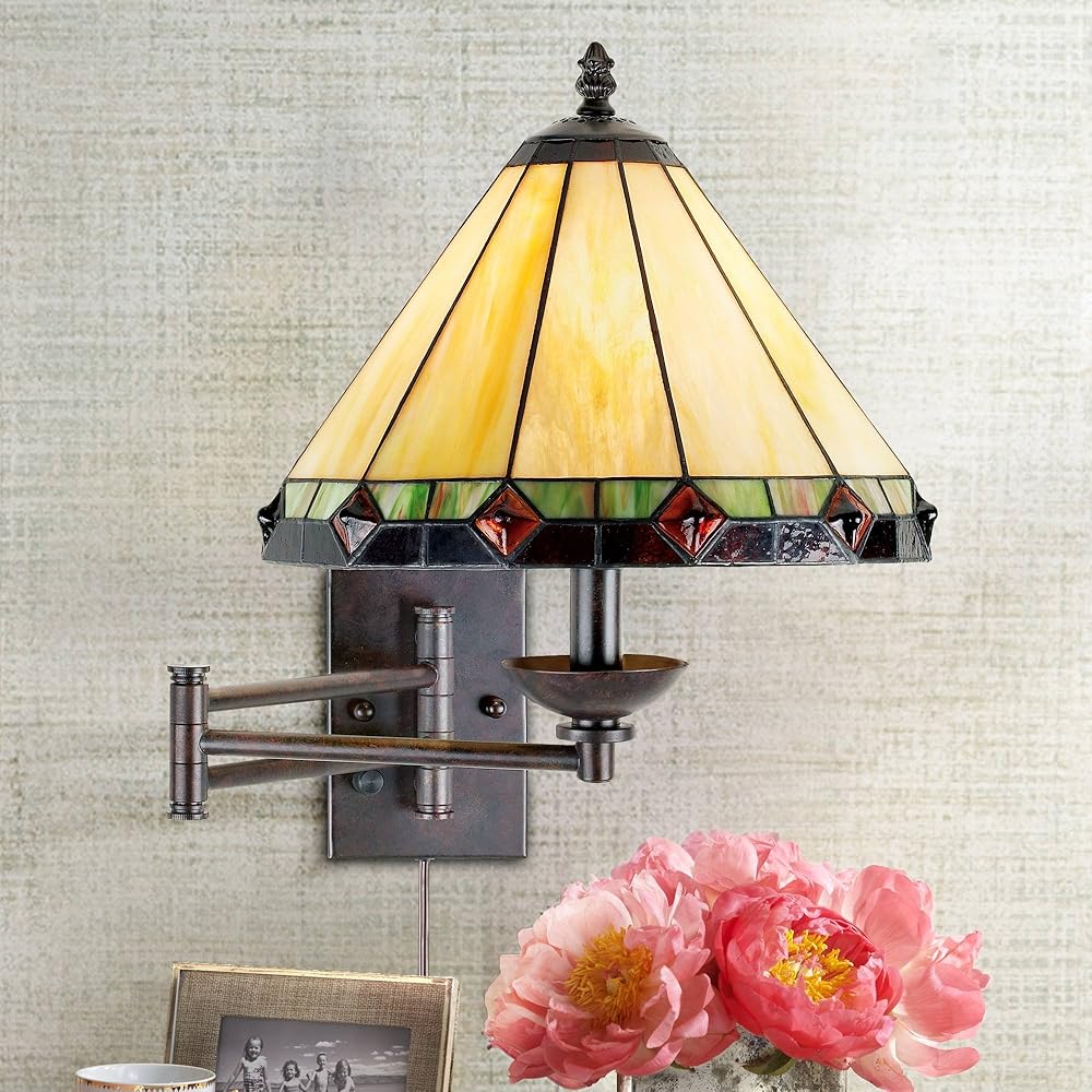 Robert Louis Tiffany Mission Tiffany Style Swing Arm Lamp Wall Mounted Bronze Metal Plug-in Light Fixture Dimmable Stained Glass for Bedroom Bedside House Reading Living Room Home Hallway Dining
