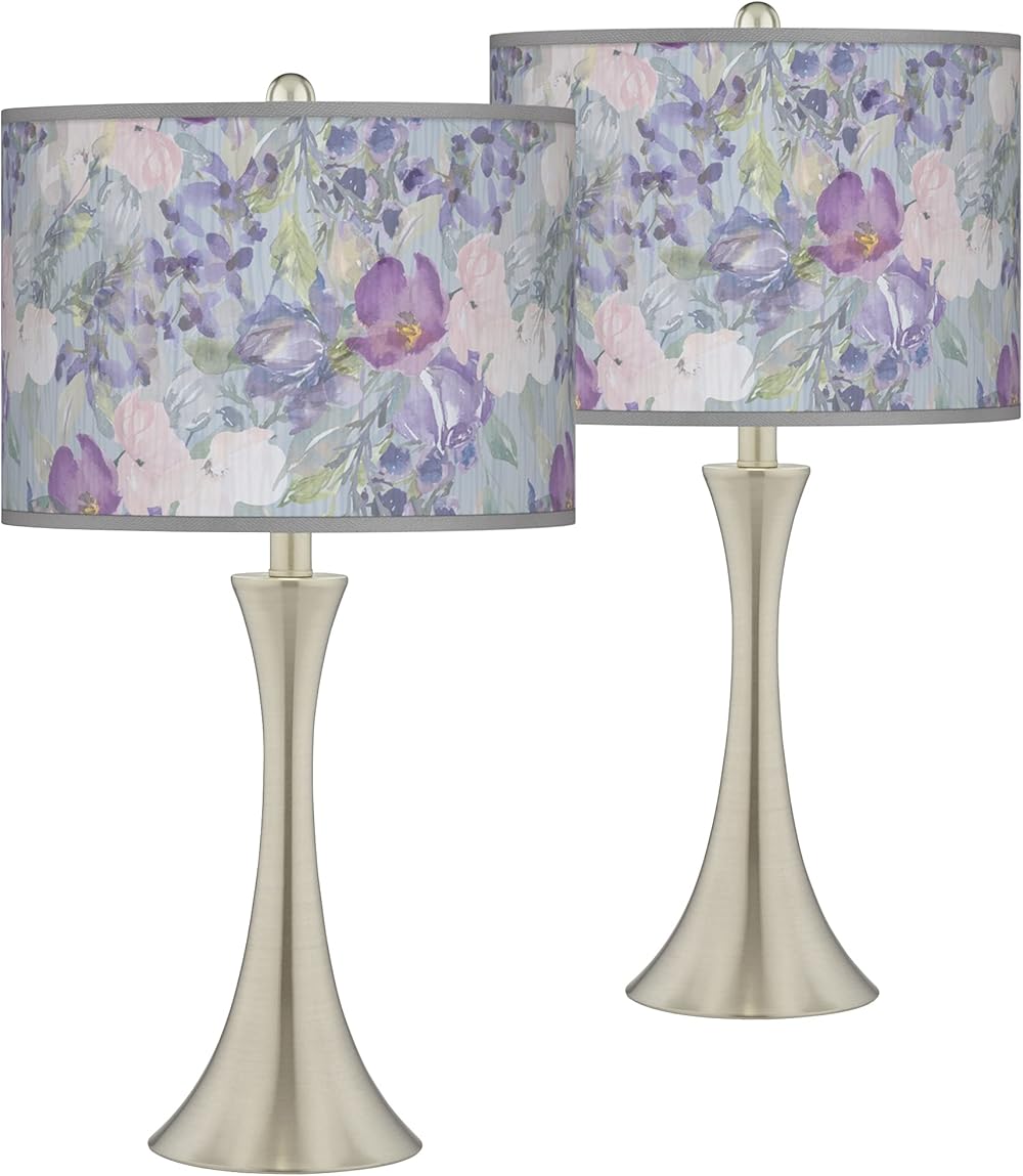 Spring Flowers Trish Brushed Nickel Touch Table Lamps Set of 2 with Print Shade