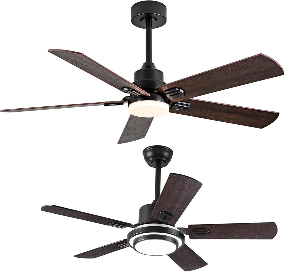 BOOMJOY 42 Inch 52Inch Ceiling Fans with Lights,Downrod Mount 2-Pack,3 Color LED Light, Reversible DC Quiet Motor Modern Black Ceiling Fan for Bedroom Indoor Outdoor