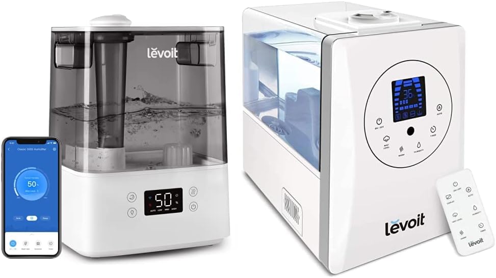 LEVOIT Humidifiers for Bedroom Large Room Home, Gray & Humidifiers for Bedroom Large Room 6L Warm and Cool Mist for Families Plants with Built-in Humidity Sensor, Essential Oil, White