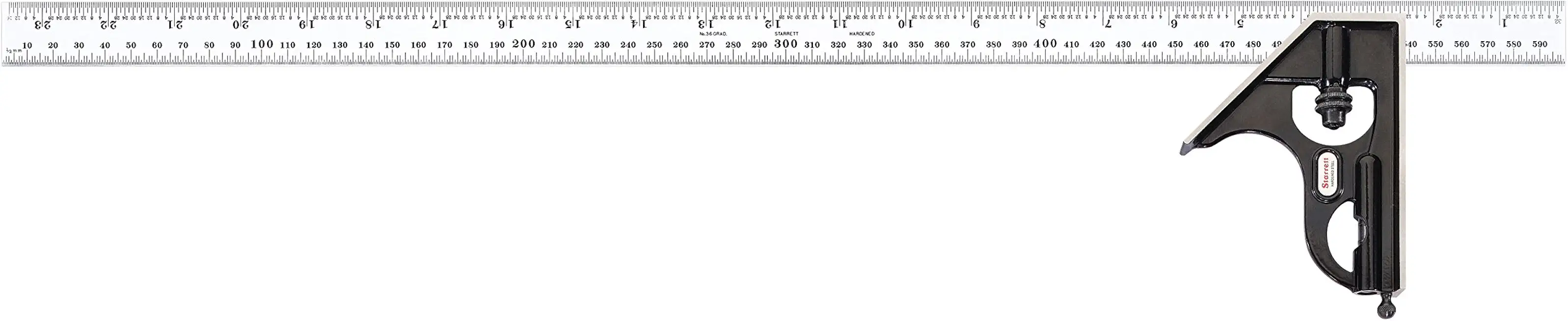 Starrett C33MEH-600 Forged, Hardened Steel Square Head With Satin Chrome Blade Combination Square, Smooth Black Enamel Finish, 600mm Size