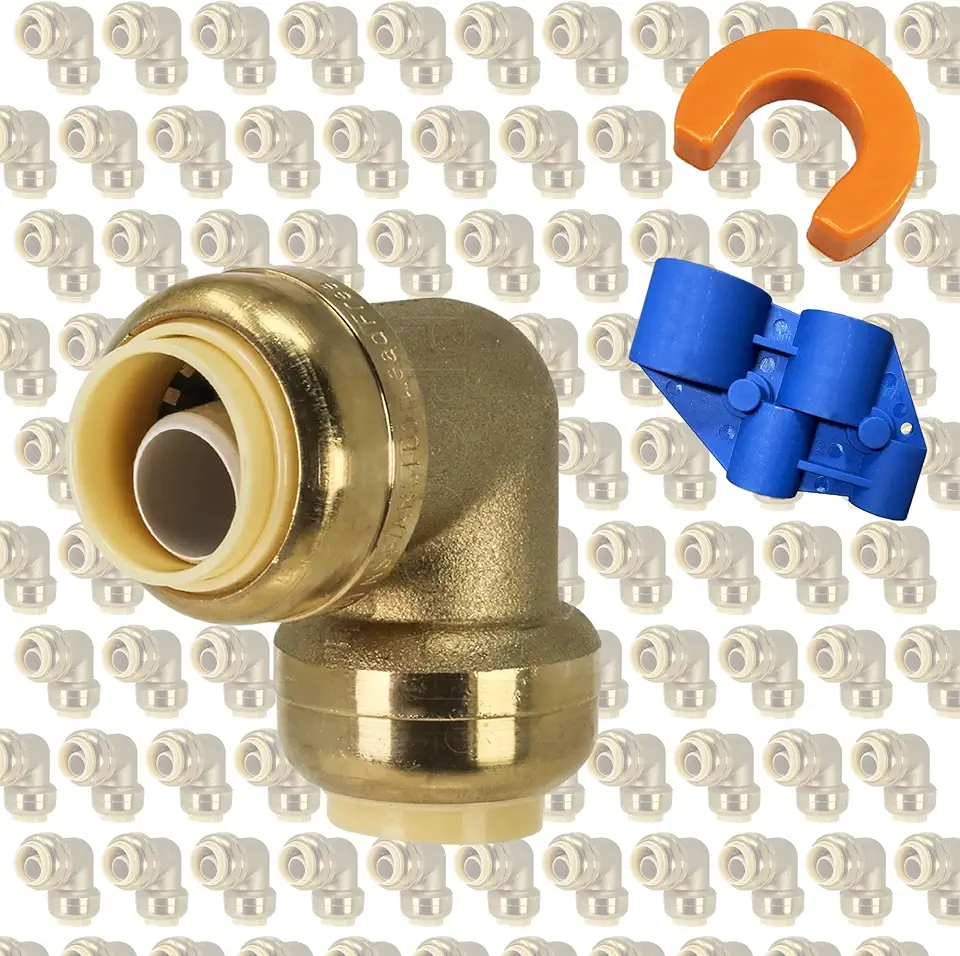[60-Pack] PROCURU 3/4 Inch Pushfit 90 Degree Elbow, Push-to-Connect Brass Plumbing Fittings for Copper, PEX,CPVC, PE-RT Pipe, Certified Safe (8X2014-60P)