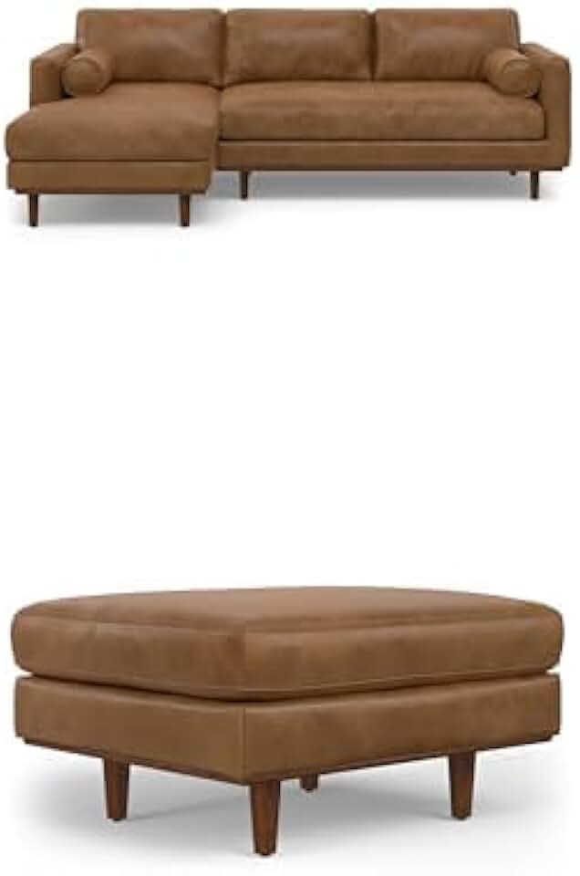 SIMPLIHOME Morrison Left Sectional Sofa and Ottoman in Genuine Leather, Caramel Brown, 102-inch-wide 4-Seater L-Shaped Couch with Left Chaise and Matching 33-inch-Wide Ottoman, 2-Piece Set