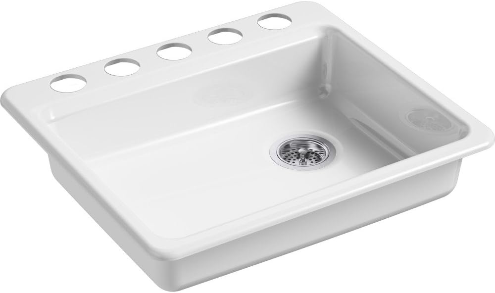 KOHLER K-5479-5U-0 Riverby 25 In. x 22 In. x 5-7/8 In. Undermount Single-Bowl Kitchen Sink with 5 Oversized Faucet Holes, White, 25