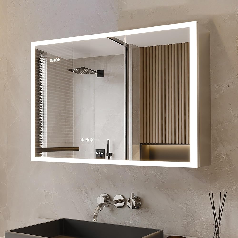 Medicine Cabinet with Lights, 36×24 Inch Lighted Medicine Cabinet with Mirror, 2 Door Bathroom Mirror Cabinet with 2 Outlets & USB Ports, Defogger, Dimmer, Clock & Temp, Surface Mount