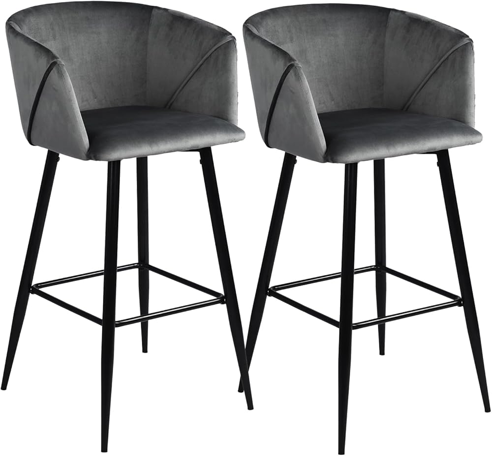 Velvet Bar Stools Set of 2 Counter Height Chairs with Arm and Back for Home Bar, Cafe, Bistro, Kitchen Island