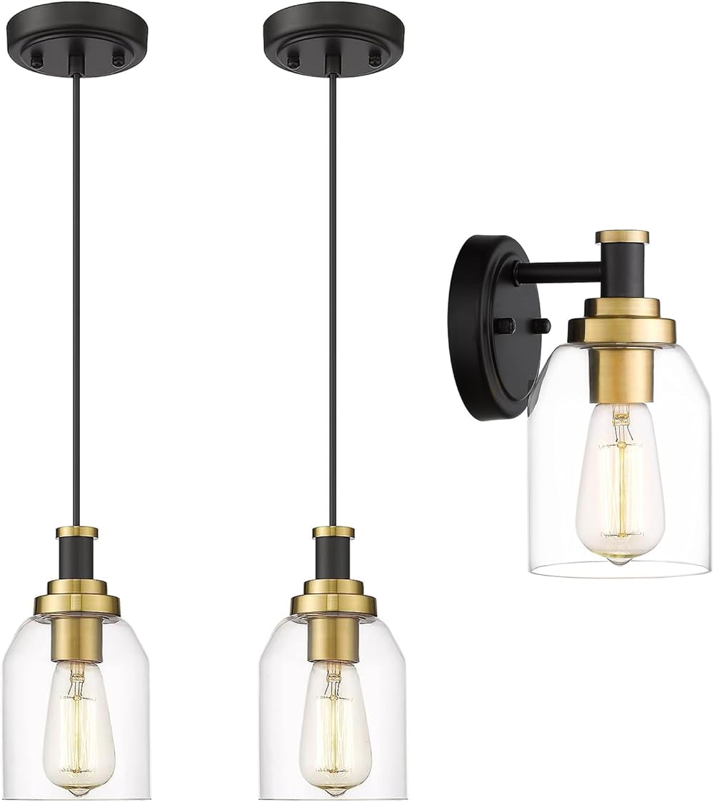 zeyu 2 Pack Modern Hanging Pendant Lights ZG33M1L-2 BK+BG and 1-Light Bathroom Sconce ZG33B BK+BG Bundle, ZG33B-M1L-2 BK+BG