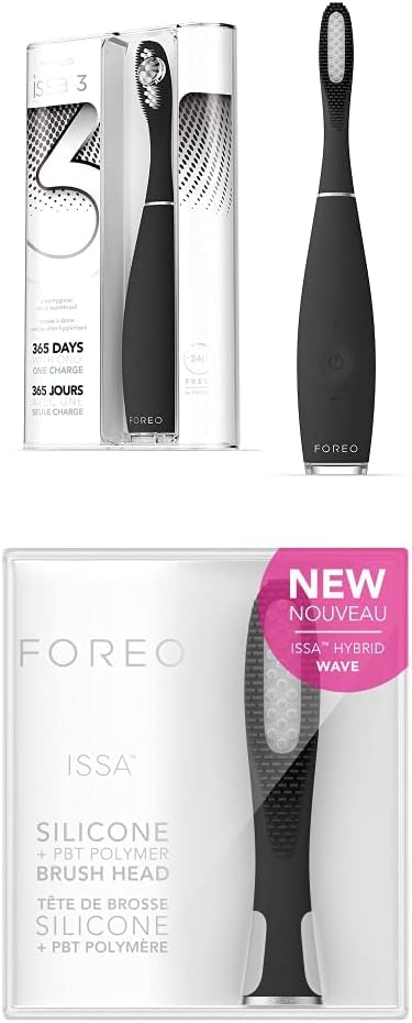 FOREO Issa Black, Rechargeable Electric Ultra-Hygienic Sonic Toothbrush with Silicone & PBT Polymer BristlesFOREO ISSA Hybrid Wave Brush Head Black, Medical-
